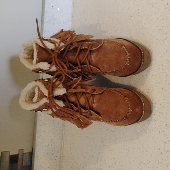 Fringe Suede Wedge Boots - Brown SAM EDELMAN Size 8.5 Women - Picture 2 of 6